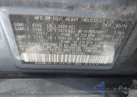 2014 Subaru Outback 2.5I Premium z USA, uszkodzony, nr VIN 4S4BRBCC3E3297699